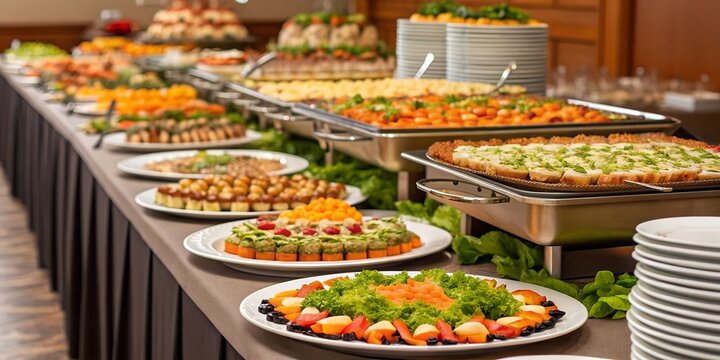 Food buffet. Platters and dishes of Food set up for a large catered dinner or lunch buffet