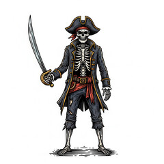 Obraz premium Skeleton pirate holding sword in full uniform, vintage fantasy illustration combining gothic horror and adventure aesthetics