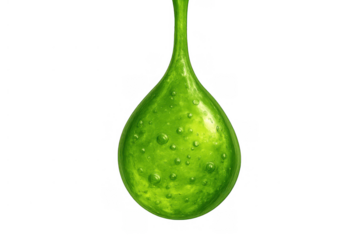 Green dripping slime droplet with bubbles, reflecting light, illustrating toxic liquid or goo on transparent background