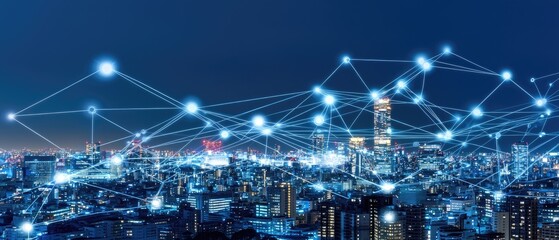 Futuristic city skyline at night with digital connections and technology enhancing global connectivity