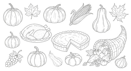 Thanksgiving seamless pattern with holiday elements, hand-drawn outline illustration
