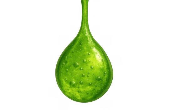 Green dripping slime droplet with bubbles, reflecting light, illustrating toxic liquid or goo on transparent background