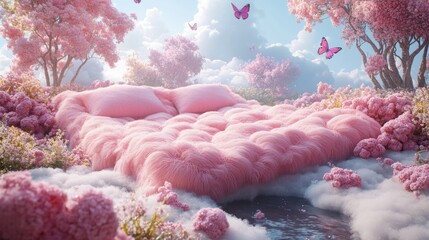 A cozy, fluffy bed adorned with pink hues lies amid blooming flowers and fluttering butterflies, inviting relaxation