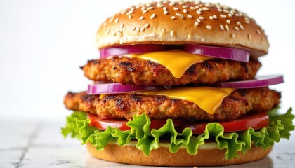 Delicious double chicken burger photo. Burger includes sesame bun lettuce tomato onion cheese. Fast food concept on white background. Tasty food.
