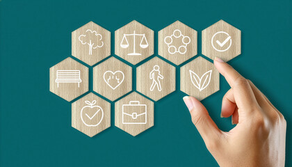 Sustainability icons in hexagon shape with hand touch