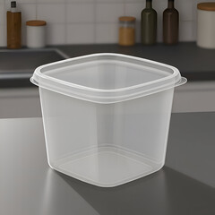 Empty transparent square plastic food container on a dark gray countertop. Empty food storage container on kitchen counter with blurred pantry background.