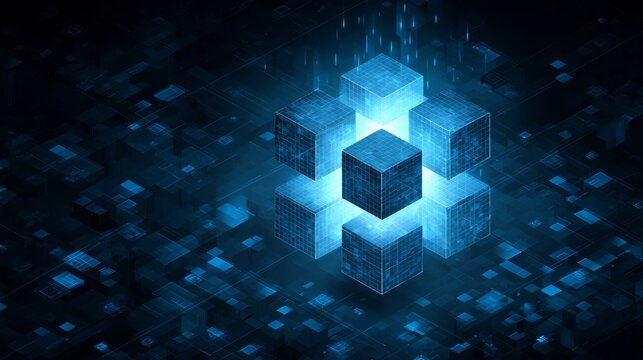 Abstract blue background with 3D cubes and geometric design