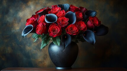 A stunning arrangement of vibrant red roses and striking black calla lilies exudes romance and sophistication