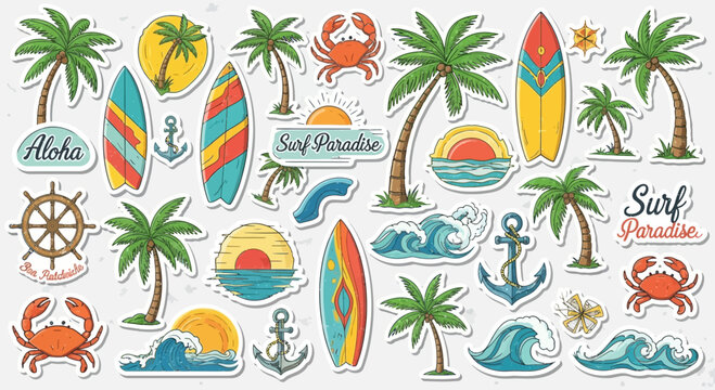 Summer themed stickers set featuring tropical elements and surf related designs