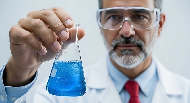 A scientist in a lab coat and safety glasses carefully examines a flask containing a blue liquid, possibly a chemical solution