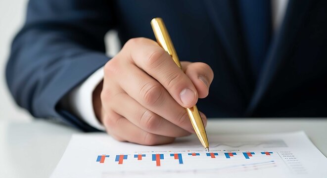 Businessman analyzing financial data with a gold pen, close-up shot