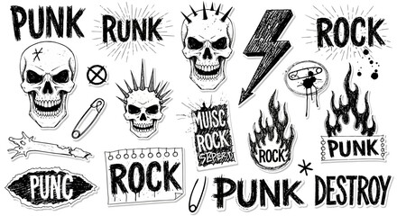 Collection of hand-drawn punk rock doodles with skulls, flames, and rebellious slogans
