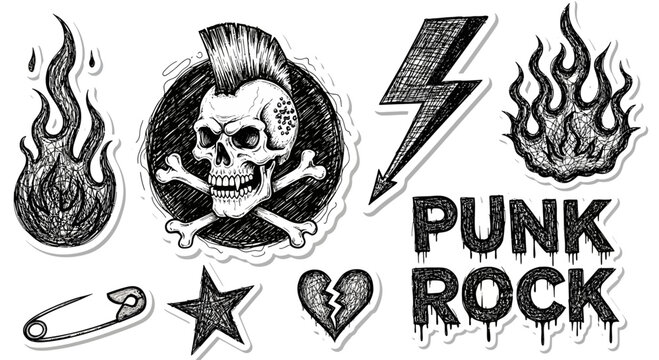 Set of hand-drawn punk rock elements stickers on a white background concept