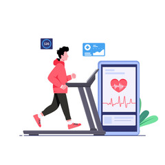Man character running on a treadmill, Fitness tracker mobile app flat illustration vector template, Sports exercises, Monitoring heart rate in fitness app on a smartphone