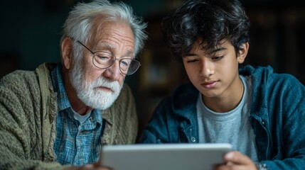 Elderly couple and smiling grandfather with child using laptop computer technology at home