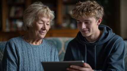 Smiling elderly couple sitting together at home using a digital tablet