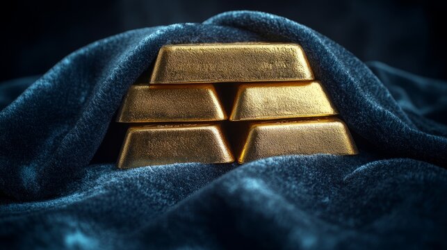 Glistening gold bars are elegantly draped with luxurious fabric, exuding wealth and opulence in a serene ambiance