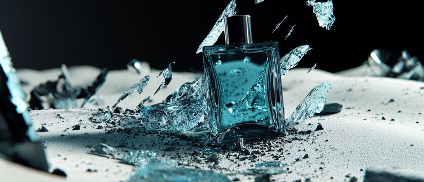 Fragmented glass pieces on dark surface