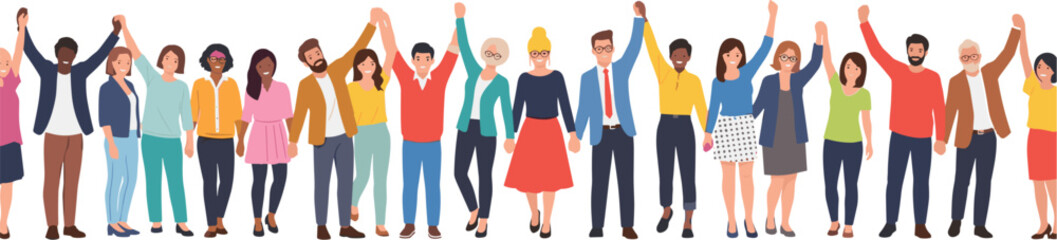 Obraz premium Diverse Community United in Solidarity, Cartoon Group Holding Hands, Celebrating Inclusion, Equality, Togetherness, and Collective Strength Across Cultures