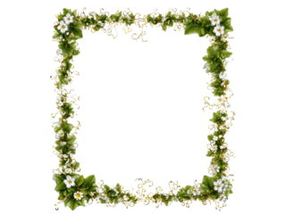 Green ivy and white flowers border image, Isolated, Png Transparent Background