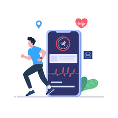 Man character running and doing workout, Fitness tracker mobile app flat illustration vector template, Monitoring heart rate in fitness app on a smartphone
