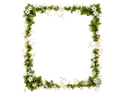 Green ivy and white flowers border image, Isolated, Png Transparent Background