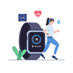 Smart watch monitors heart rate of young woman during exercise. Vector illustration