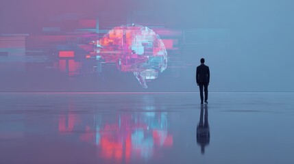 Global business concept with a businessman silhouette and technology connecting a world network map