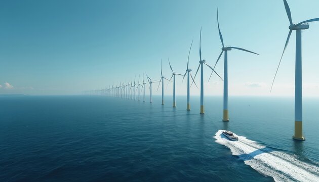 Offshore wind farm with rows of turbines on blue sea. Small boat travels past massive power generators under clear sky. Clean energy generation for global industry and eco-friendly power.
