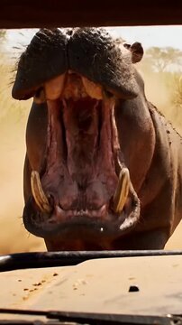 aggressive hippo, male hippopotamus, animal attack, African wildlife, wild animal, nature habitat, Hippopotamus amphibius, safari scene, wildlife behavior, territorial animal, dangerous wildlife, rive