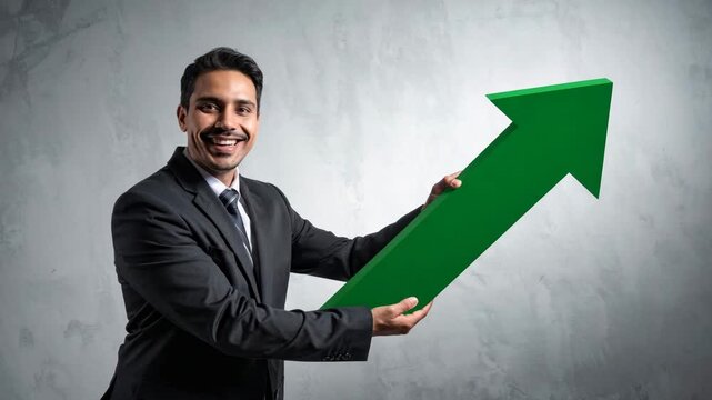 Smiling businessman in a suit holding a large green arrow pointing up, symbolizing financial growth.