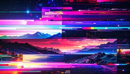 Abstract landscape with mountain and sky fragmented by bright glitching lines, digital art