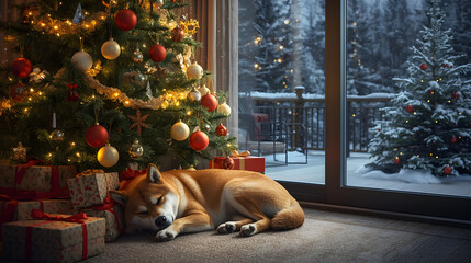 A Shiba Inu dog sleeps peacefully by a decorated Christmas tree with presents, with a snowy outdoor view.
