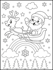 Cartoon Santa Claus coloring page flying a sleigh pulled by a reindeer over a rainbow. Children's Christmas illustration. Holiday Coloring book pages for kids and adults. © laky