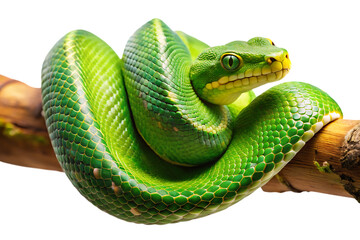 Fototapeta premium Vibrant green snake coiled, on a wooden branch with detailed scales, cutout, PNG, isolated on white or transparent background, AI
