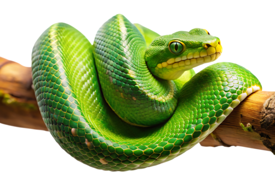Vibrant green snake coiled, on a wooden branch with detailed scales, cutout, PNG, isolated on white or transparent background, AI