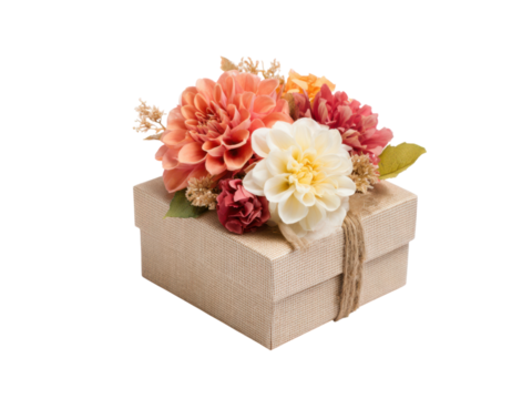 Beige box with coral peach pink flowers and twine gift floral, Isolated, Png Transparent Background