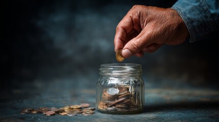 Closeup of a man's hand holding a glass jar of coins for money on a white isolated background
