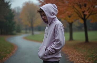 Teenage boy in lilac hoodie stands alone on path in autumn park. He looks down with sad expression. Fall trees with orange leaves surround him. Moody weather