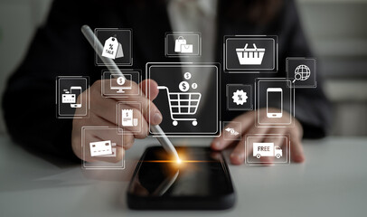 Naklejka premium Omni-channel strategies improve customer experience with brand integration and unified marketing across digital platforms and channels. Latch
