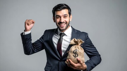 Happy, celebrating businessman in a suit holds a burlap money bag with a dollar sign. - Powered by Adobe