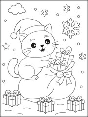 Christmas coloring page for kids. Cute cartoon cat wearing a Santa hat and taking gifts from a sack in the snow. Black and white line art for children.