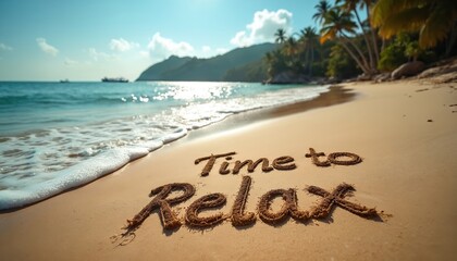 Time to Relax message written on tropical beach sand. Golden sand meets gentle ocean waves under bright sun. Palm trees line rich hills overlooking blue sea. Distant ships sail on clear sky. Idyllic