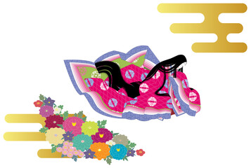 日本の歴史的伝統衣装「袿」を着た女性。花と霞の背景イラスト