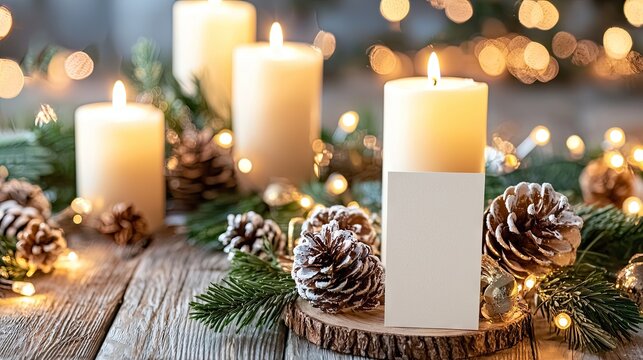 Festive Christmas dinner table setting with cozy candles and an empty menu card ready for celebration