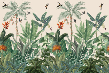 Mughal Garden Wall Mural, Green Palm Tree Wallpaper Abstract Plant Peel and Stick Wall Mural Vintage Style Wall Art. © Sharif