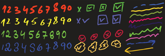 Handwritten doodle elements. Pen underline line stroke, marker scribble. Hand drawn mark, brush drawn curve. crazy hatches, ovals and crosses. Each element is united and isolated