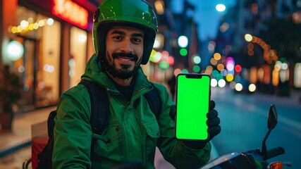 Smiling food delivery driver on a scooter showing a green screen smartphone app in a city street at night. - Powered by Adobe