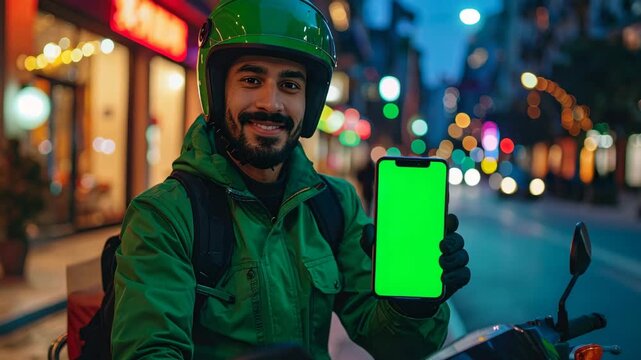 Smiling food delivery driver on a scooter showing a green screen smartphone app in a city street at night.