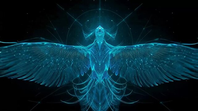 Abstract blue phoenix with outstretched wings on a black background.